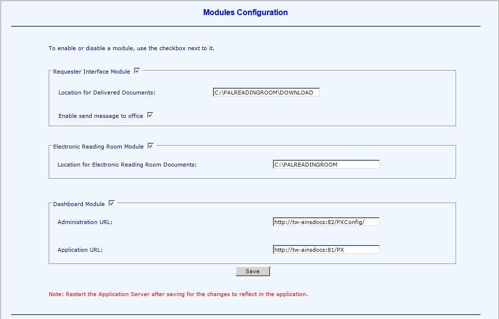 Configuration settings for various modules including file locations and URLs.